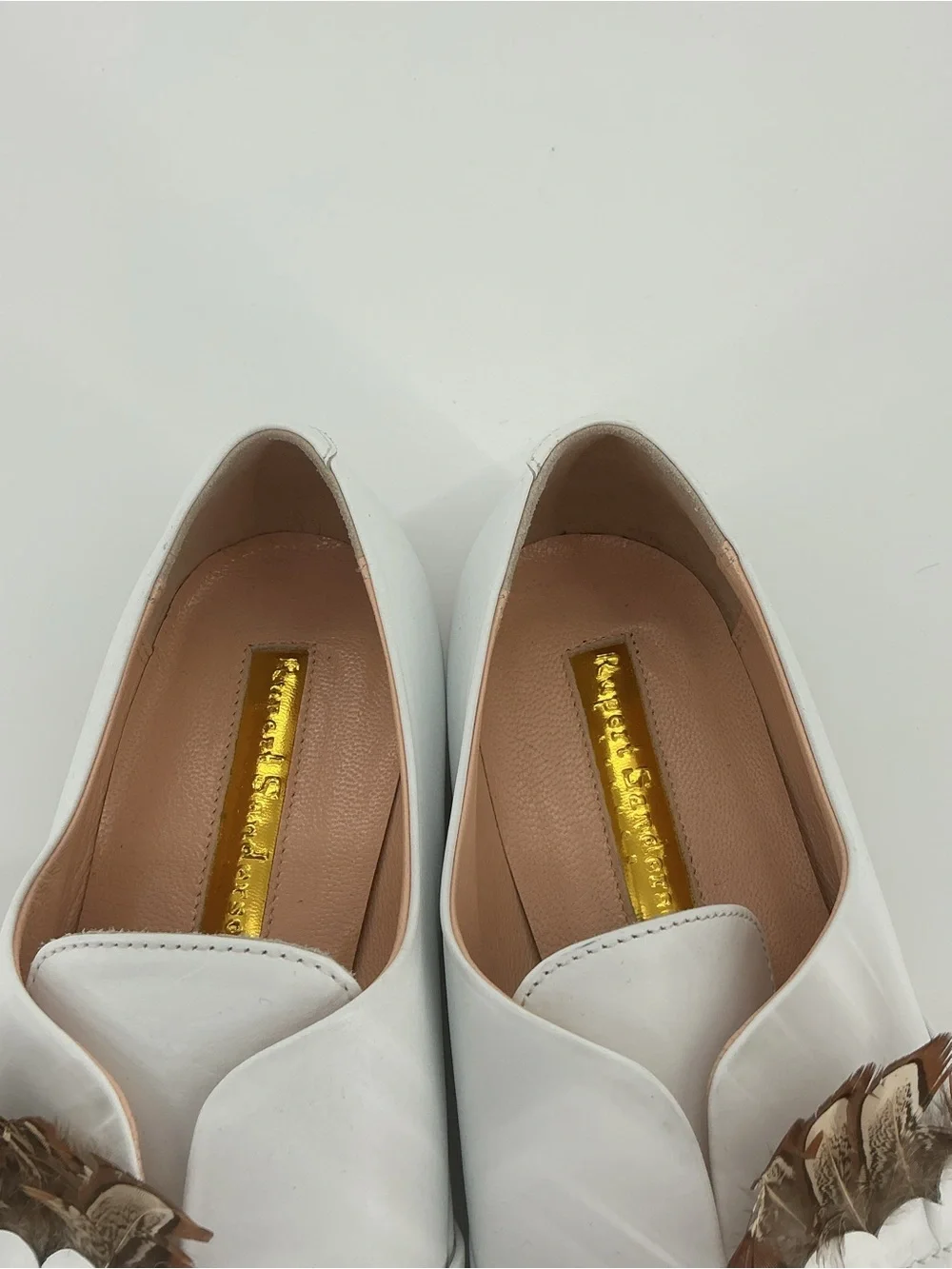 Rupert Sanderson White Leather Feather Embellished Loafers Flats 38